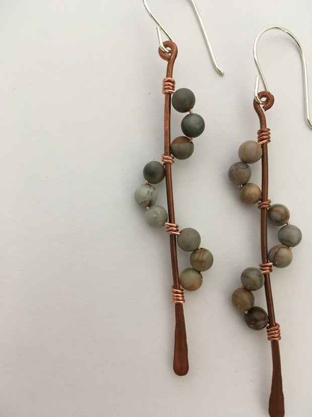porcelian jasper recycled copper wire wrapped descending stones earrings made in usa simple wealth art
