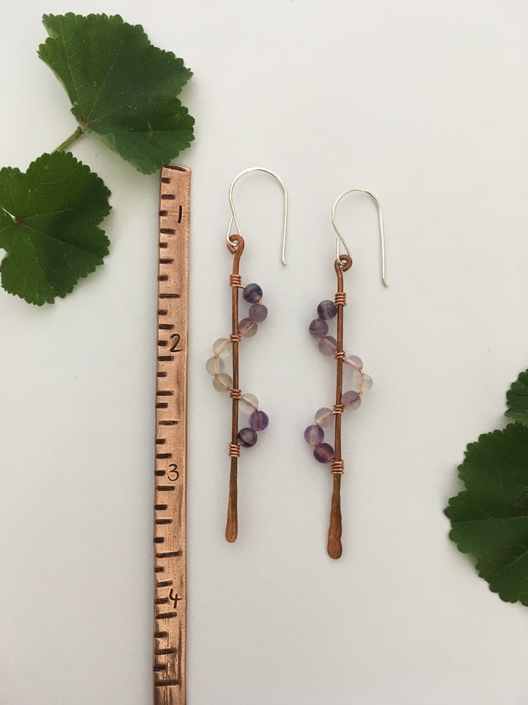 purple flourite recycled copper wire wrapped descending stones earrings made in usa simple wealth art