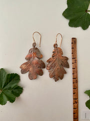 real oak leaf recycled copper electroplated earrings 14 karat rose gold handmade in usa simple wealth art