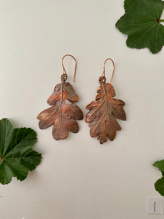 real oak leaf recycled copper electroplated earrings 14 karat rose gold handmade in usa simple wealth art