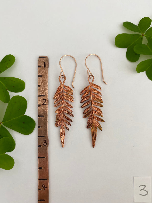 recycled copper electroformed jacaranda mimosafolia leaf earrings simple wealth art made in usa