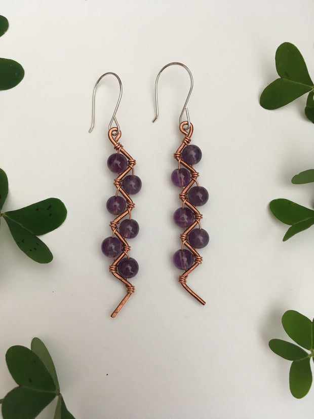Amethyst recycled copper electrical wire zig zag shape copper jewelery wire wrapped made in usa simple wealth art