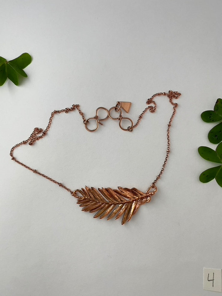 Recycled copper redwood leaf necklace simple wealth art made in usa