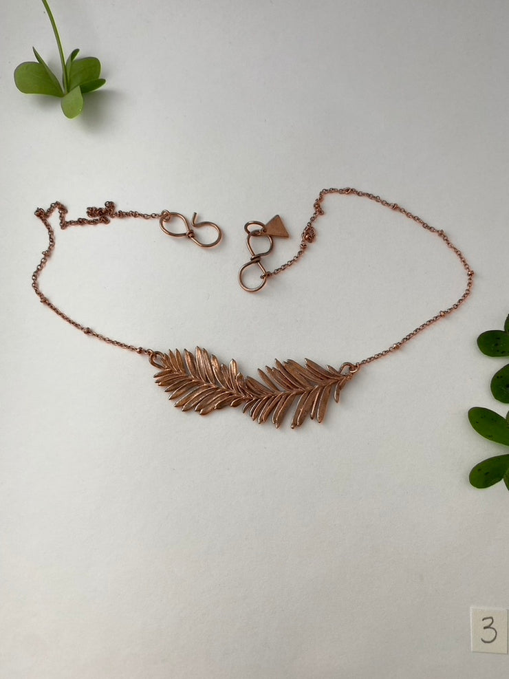 Recycled copper redwood leaf necklace simple wealth art made in usa