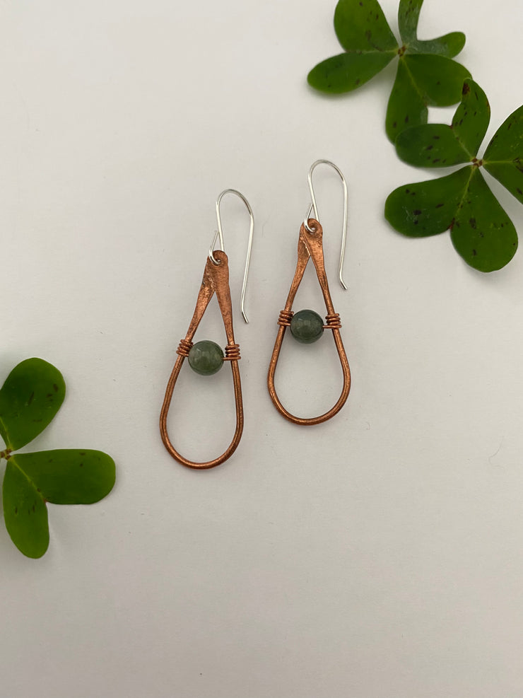 recycled copper natural gemstone sterling silver earrings tear drop made in usa simple wealth art moss agate