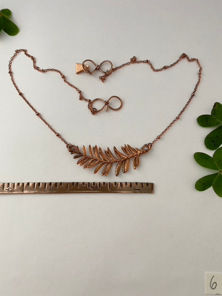 Recycled copper redwood leaf necklace simple wealth art made in usa