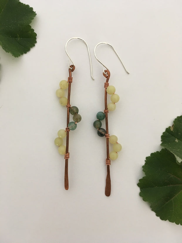 yellow jade and moss agate recycled copper wire wrapped descending stones earrings made in usa simple wealth art