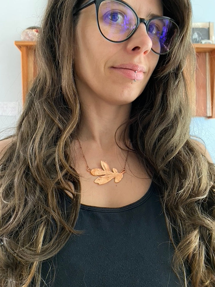 real oak leaf recycled copper electroplated necklace horizontal statement handmade in usa simple wealth art