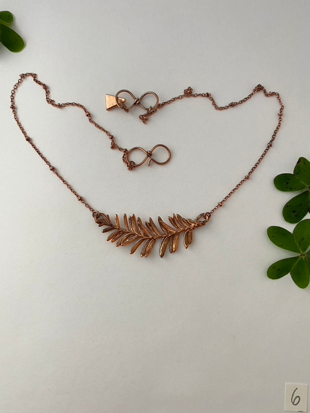 Recycled copper redwood leaf necklace simple wealth art made in usa