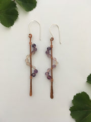 purple flourite recycled copper wire wrapped descending stones earrings made in usa simple wealth art