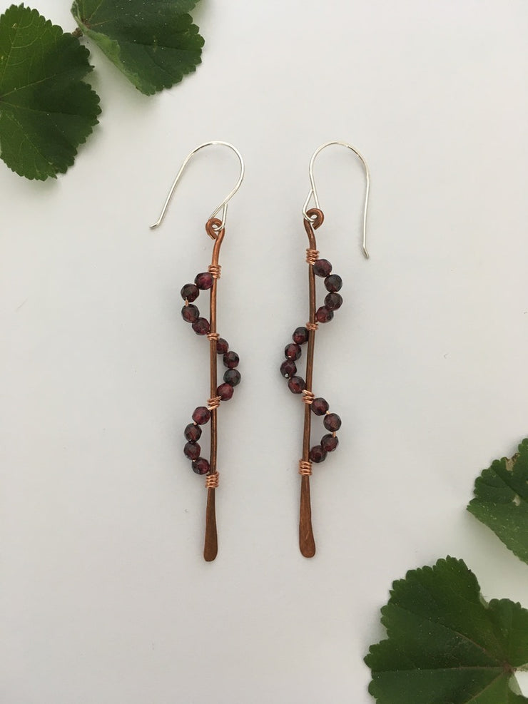Garnet recycled copper wire wrapped descending stones earrings made in usa simple wealth art