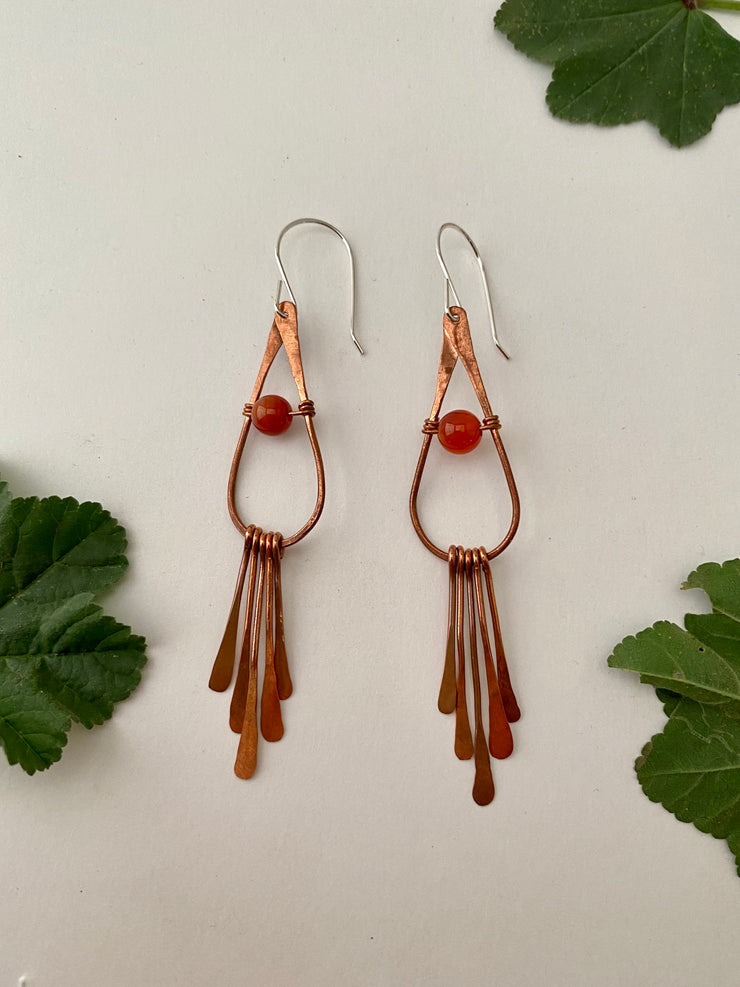 Recycled copper drop with natural gemstone and fringe earring by simple wealth art made in usa