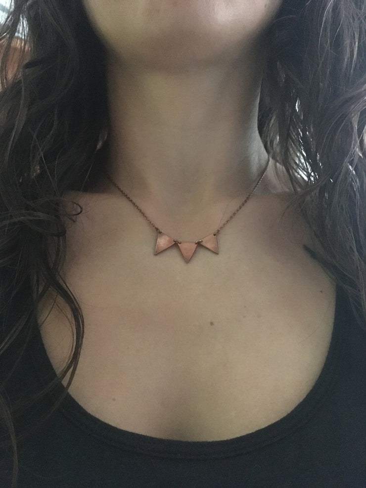 recycled copper triple triangle bunting necklace upcycle plumbing pipe handmade in usa simple wealth art