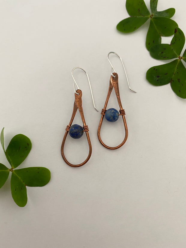 recycled copper natural gemstone sterling silver earrings tear drop made in usa simple wealth art lapis lazuli