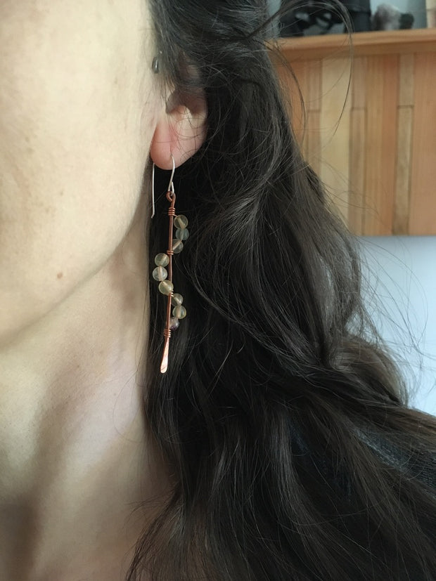 Flourite recycled copper wire wrapped descending stones earrings made in usa simple wealth art