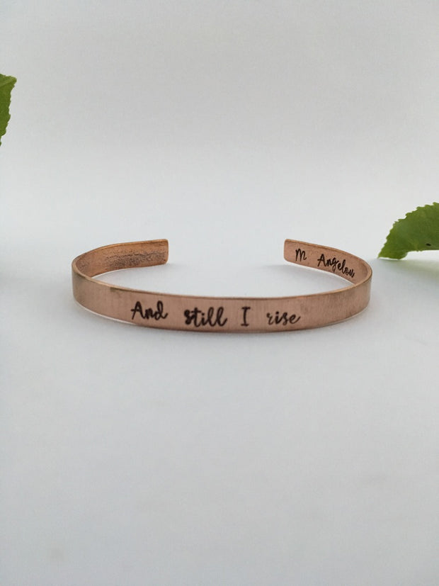 recycled copper mantra and still i rise maya angelou cuff simple wealth art recycled copper made in usa 