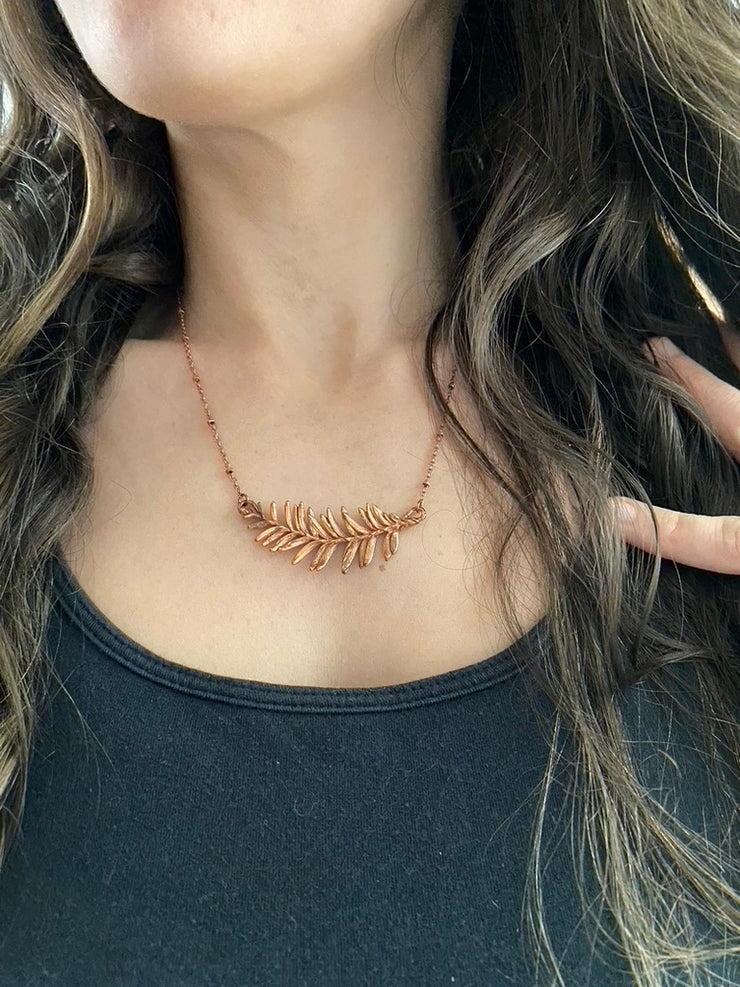 Recycled copper redwood leaf necklace simple wealth art made in usa