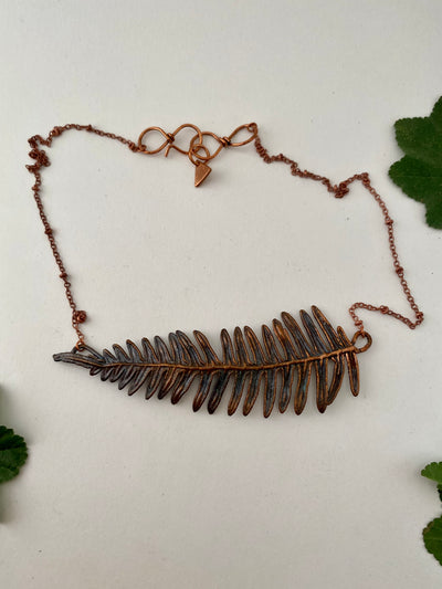 recycled copper electroformed fern leaf necklace simple wealth art made in usa