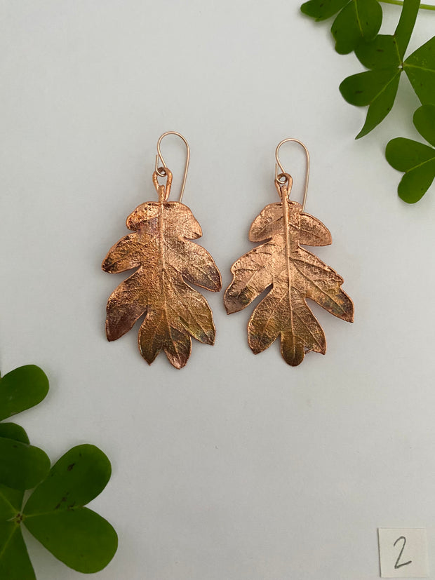 real oak leaf recycled copper electroplated earrings 14 karat rose gold handmade in usa simple wealth art