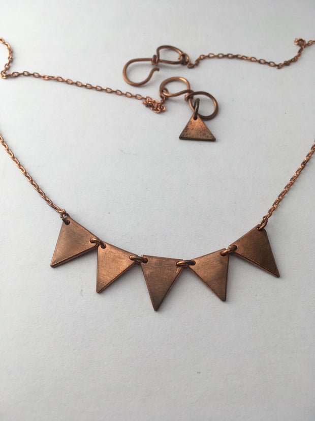 recycled copper pipe four triangle bunting necklace upcycle metal handmade in usa simple wealth art