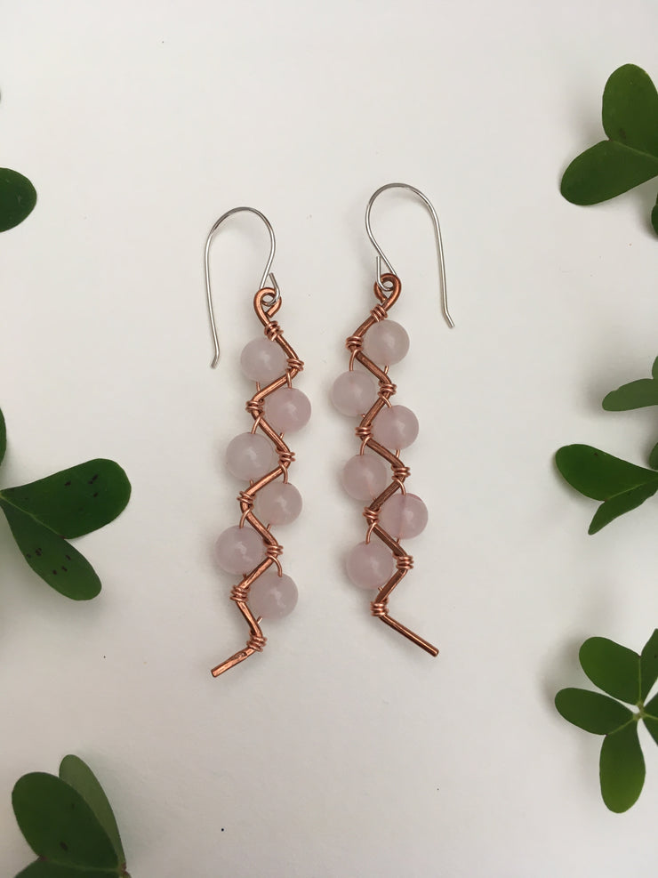 rose quartz recycled copper electrical wire zig zag shape copper jewelery wire wrapped made in usa simple wealth art