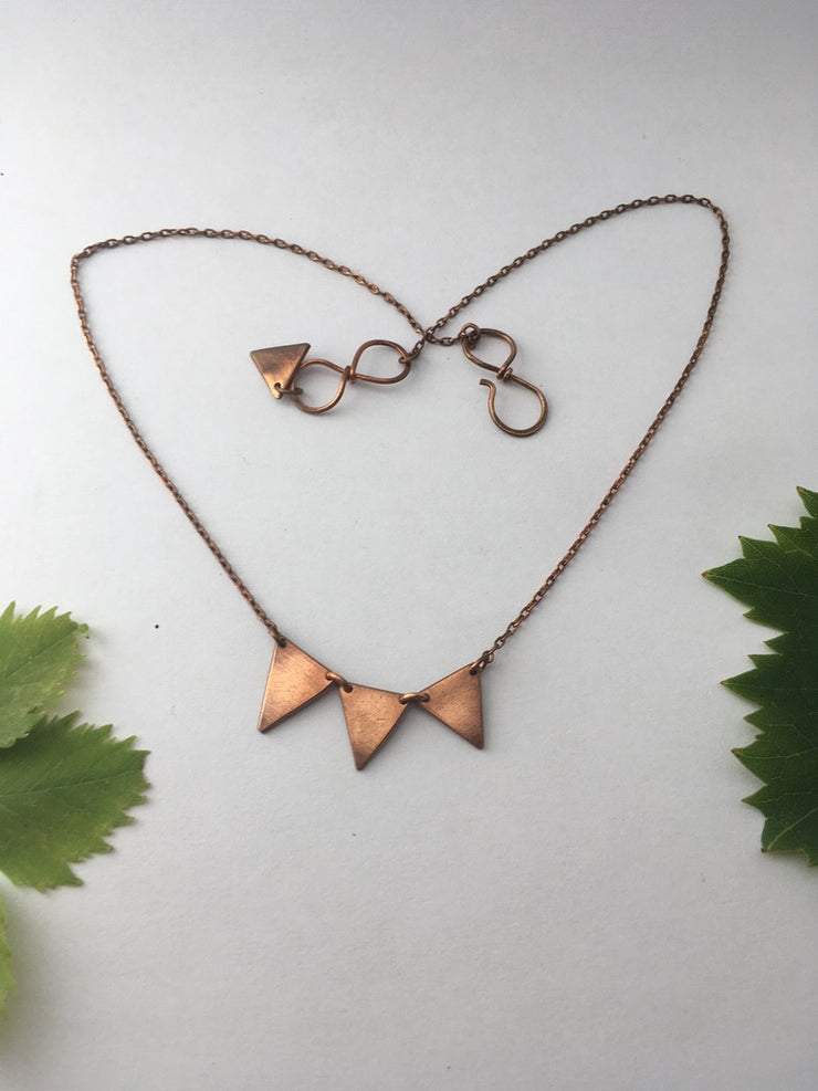 recycled copper triple triangle bunting necklace upcycle plumbing pipe handmade in usa simple wealth art