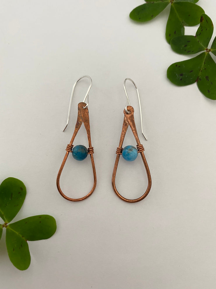 recycled copper natural gemstone sterling silver earrings tear drop made in usa simple wealth art blue apatite