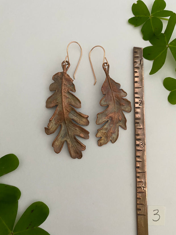 real oak leaf recycled copper electroplated earrings 14 karat rose gold handmade in usa simple wealth art