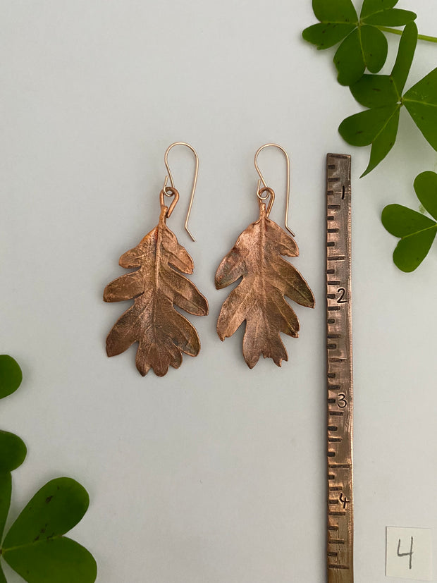 real oak leaf recycled copper electroplated earrings 14 karat rose gold handmade in usa simple wealth art