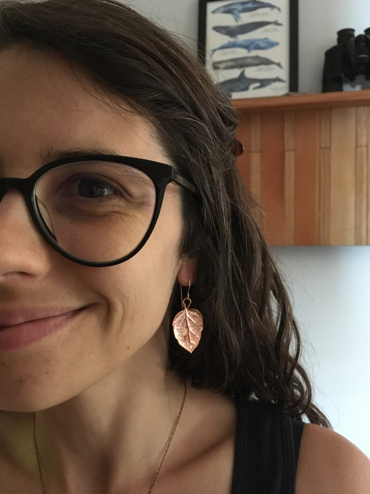 Recycled copper electroformed coastal oak leaf and acorn earring set 14 Karat rose gold made in usa simple wealth art