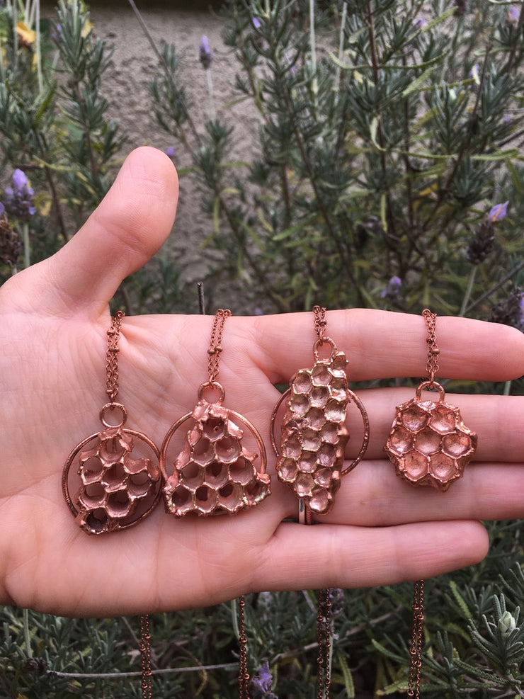 electroformed honeycomb pendant recycled copper made in usa simple wealth art