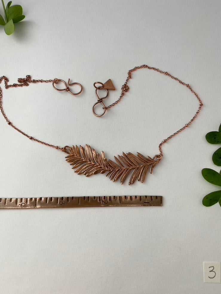 Recycled copper redwood leaf necklace simple wealth art made in usa