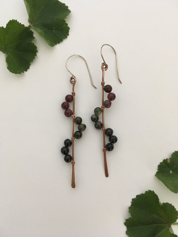 tourmaline recycled copper wire wrapped descending stones earrings made in usa simple wealth art