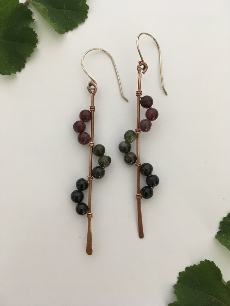 tourmaline recycled copper wire wrapped descending stones earrings made in usa simple wealth art
