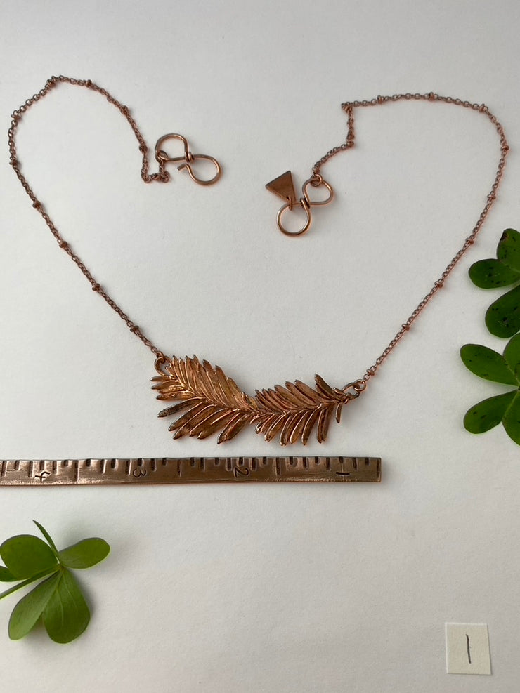 Recycled copper redwood leaf necklace simple wealth art made in usa