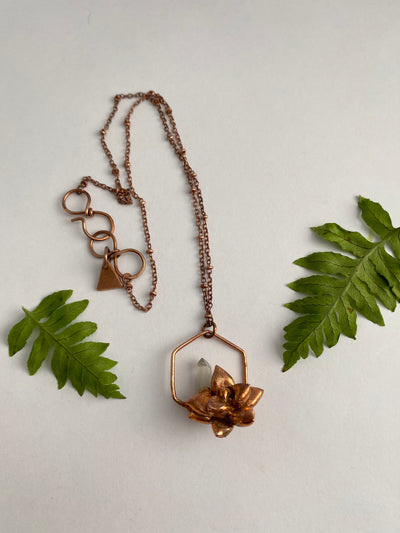 real succulent and crystal necklace electroplated with recycled copper by simple wealth art made in usa