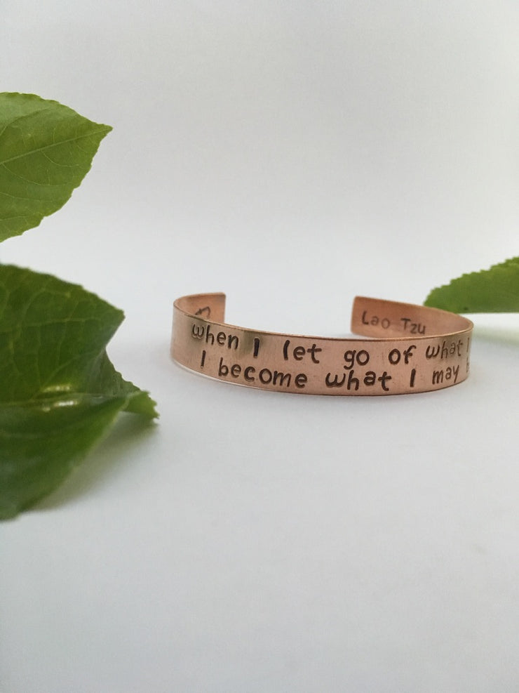 Lao Tzo quote recycled copper affirmation bracelet mantra band simple wealth art made in usa