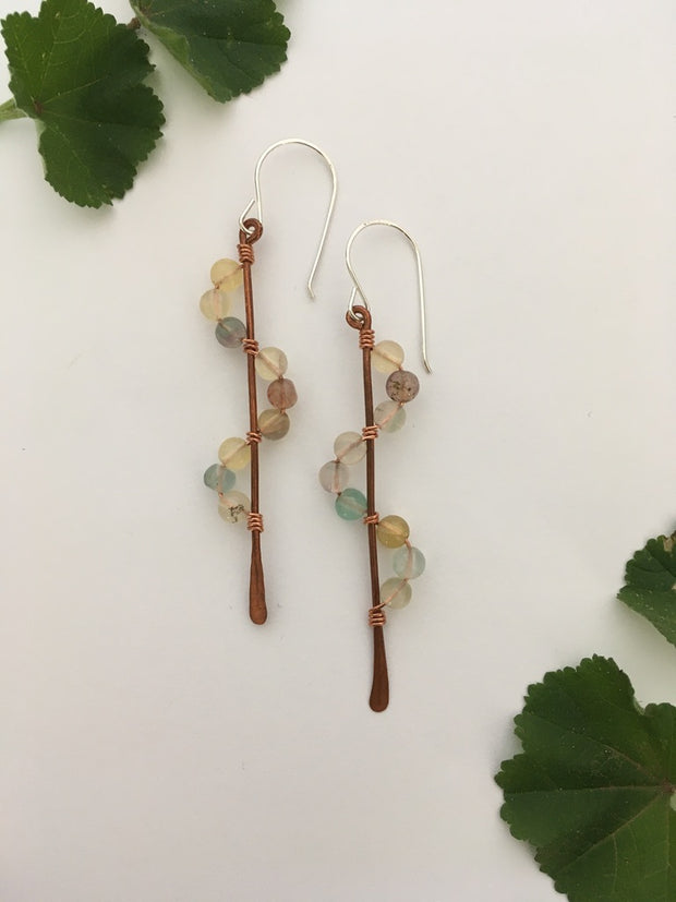 light multi colored flourite recycled copper wire wrapped descending stones earrings made in usa simple wealth art
