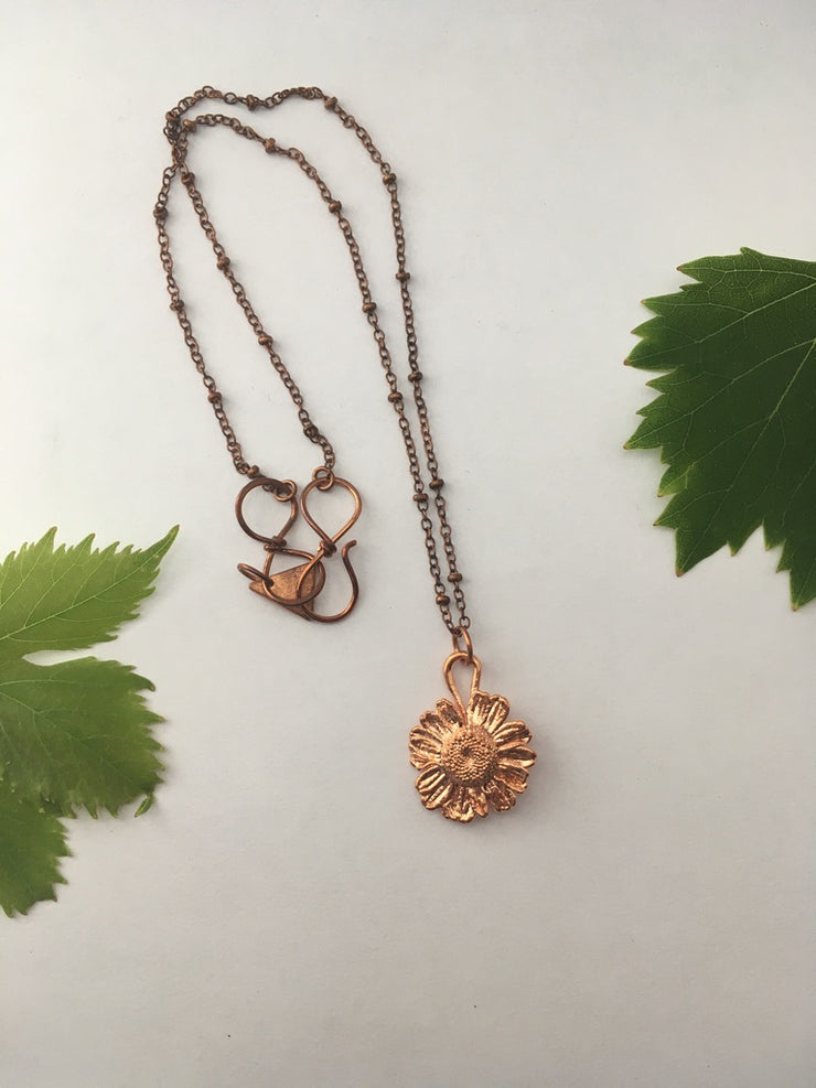 Electroformed feverfew blossom daisy flower necklace recycled copper made in usa simple wealth art real flower jewelry