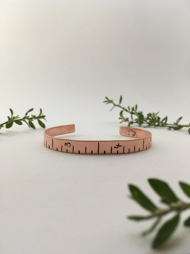 hand stamped ruler recycled copper cuff simple wealth art made in usa