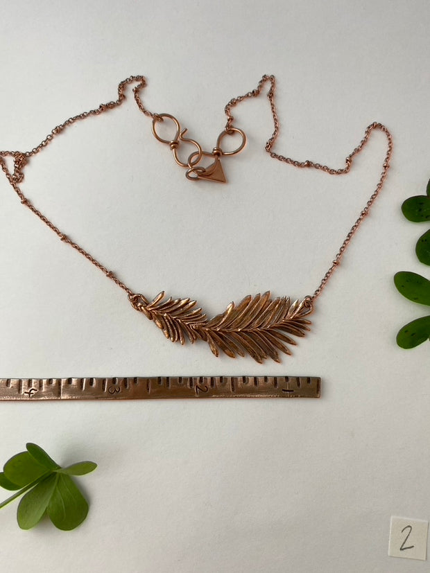 Recycled copper redwood leaf necklace simple wealth art made in usa