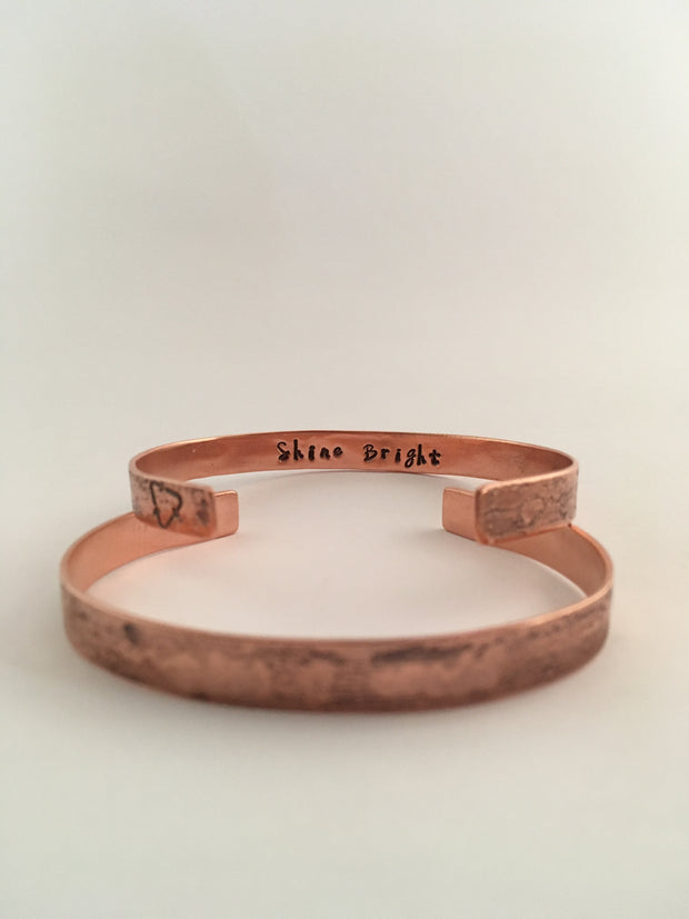 shine bright secret message recycled copper affirmation cuff unite to light charity fundraiser made in usa simple wealth art mantra band