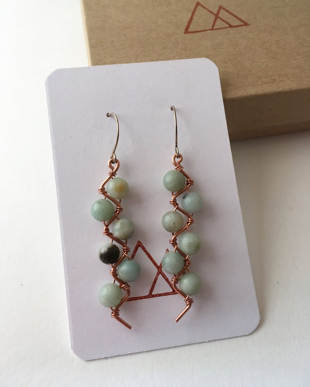 upcycle recycled copper amazonite gemstone zig zag earrings sterling silver simple wealth