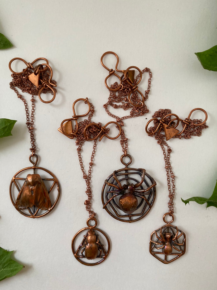Electroplated real bugs recycled copper garden spider moth beetle bug jewelry copper bugs necklace made in usa simple wealth art