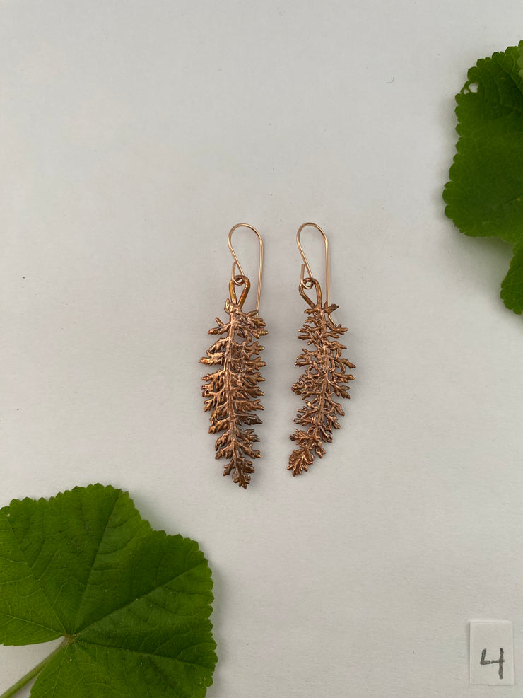 yarrow leaves electroplated recycled copper handmade 14 karat rose gold fill ear wire made is usa simple wealth art