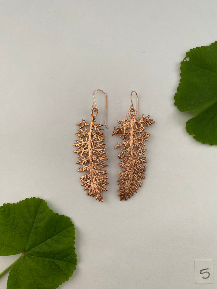 yarrow leaves electroplated recycled copper handmade 14 karat rose gold fill ear wire made is usa simple wealth art