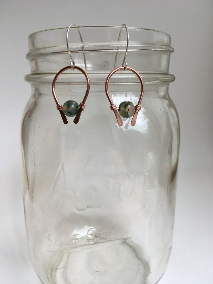 moss agate gemstone arch recycled copper earring simple wealth art made in usa wire wrap sterling silver