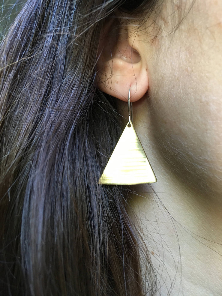 recycled drum cymbal triangle earrings brass upcycled crash cymbal simple wealth