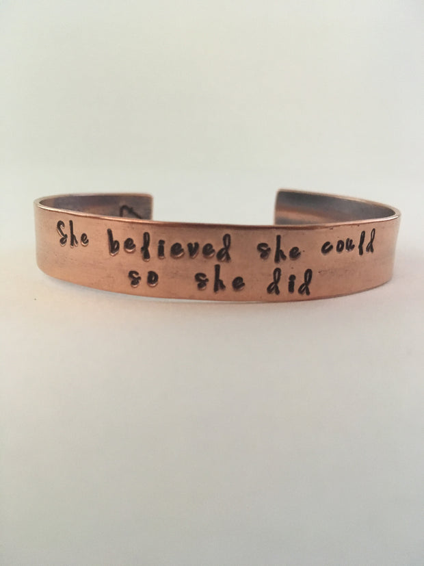 she believed she could so she did recycled copper hand stamped mantra cuff upcycled plumbing pipe affirmation bracelet