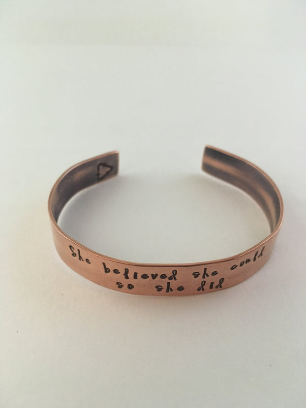 she believed she could so she did recycled copper hand stamped mantra cuff upcycled plumbing pipe affirmation bracelet